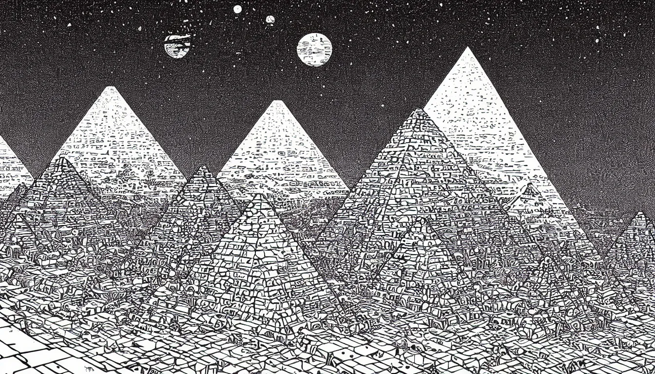 Prompt: pyramids of giza by woodblock print, nicolas delort, moebius, victo ngai, josan gonzalez, kilian eng