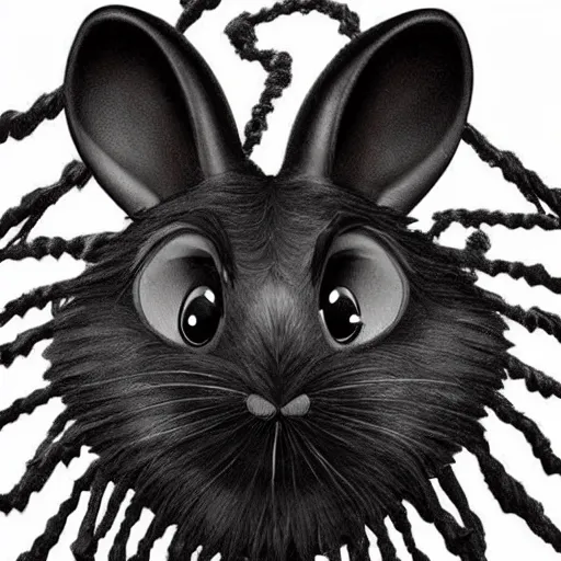 Image similar to A extremely highly detailed majestic hi-res beautiful, highly detailed head and shoulders portrait of a scary terrifying, horrifying, creepy black cartoon rabbit with scary big eyes, laughing in the style of Walt Disney