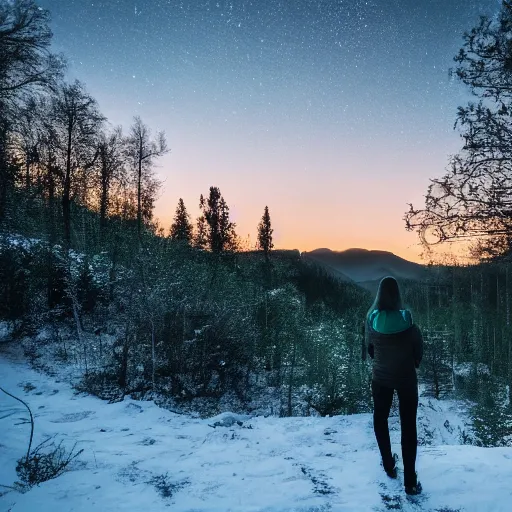 Prompt: a woman standing to the right in frame, in a forest clearing on a small hill, looking towards a big glowing green hollywood sign that sits on top of a hill in the distant background, swedish northern forest, winter, aurora borealis, backlit, hasselblad, 4 k, cinematic