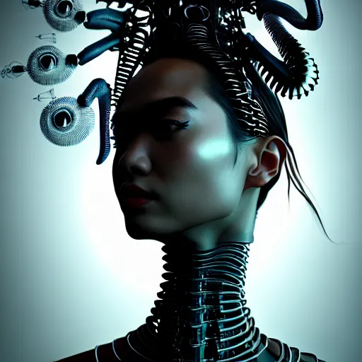 Prompt: half body portrait of an absurdly beautiful, graceful, sophisticated, fashionable asian cyberpunk mechanoid gravure idol, hyperdetailed illustration by irakli nadar, maria borges, matt wisniewski style, intricate linework, dark black skin, neon jellyfish headdress, carved bone ruff, unreal engine 5 highly rendered, global illumination, radiant light, detailed and intricate environment