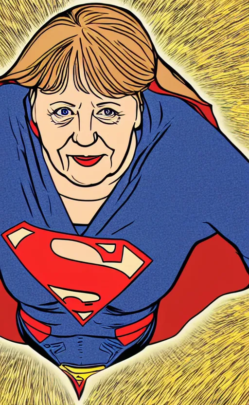 Prompt: illustration of angela merkel as superwoman by katsuhiro