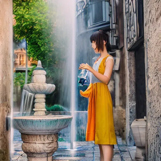 Prompt: anime girl in a greek attire pouring water out of a vase into a fountain, spanish alleyway