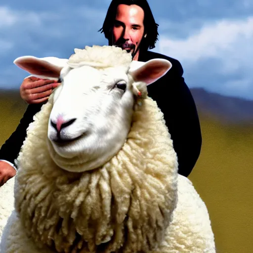 Image similar to morbidly obese keanu reeves riding a sheep, photo, detailed, 4 k