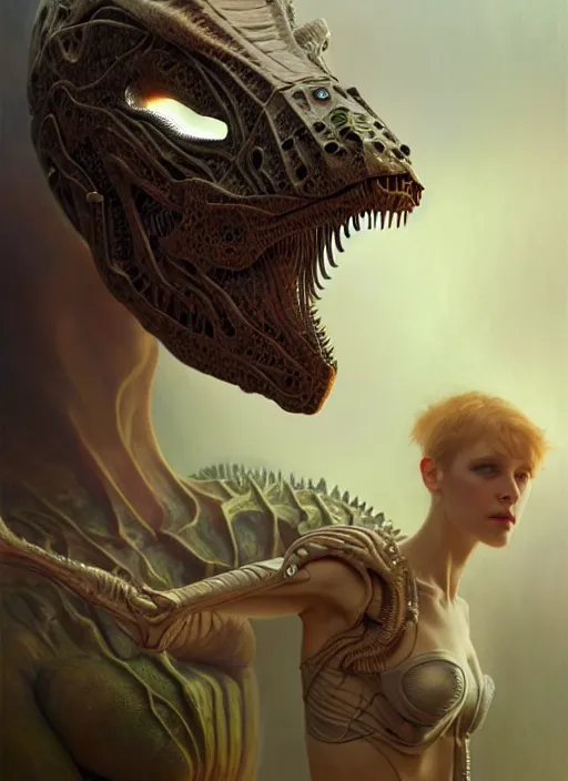 Image similar to organic cyborg, dinosaur mask, diffuse lighting, fantasy, intricate, elegant, highly detailed, lifelike, photorealistic, digital painting, artstation, illustration, concept art, smooth, sharp focus, art by John Collier and Albert Aublet and Krenz Cushart and Artem Demura and Alphonse Mucha