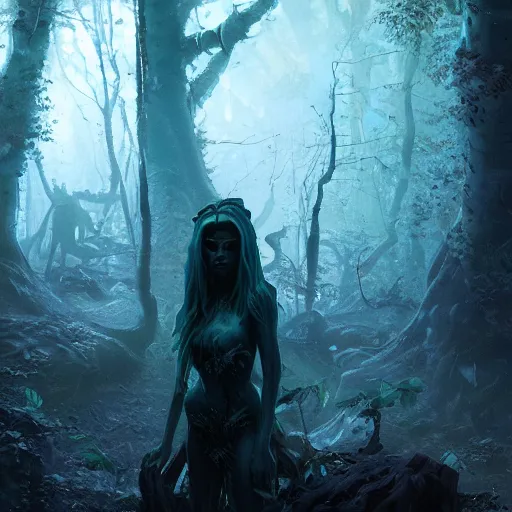 Image similar to a close - up of a succubus in a bioluminescent ancient dark forest, greg rutkowski, 8 k, shallow depth of field, intricate detail, concept art,