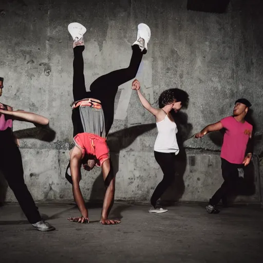 Image similar to old school breakdance party with old vibe and atmospheric environment, cypher with dancers in middle and people around them, photorealistic, fun, old school locking clothes, rock dance clothes