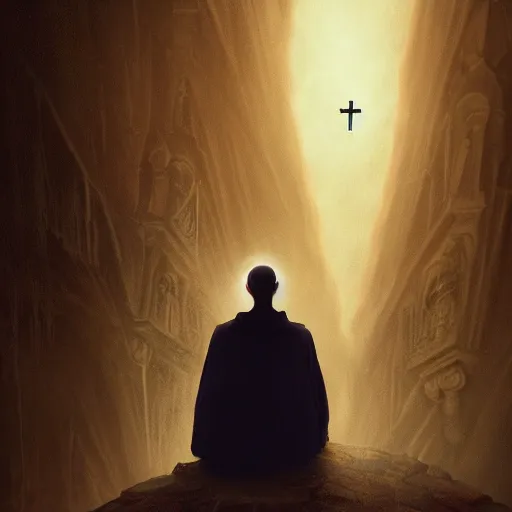 Image similar to A terrified catholic priest in his thirties kneeled in fervent prayer at the summit of a tall medieval tower. Eyes are wide open with fear looking straight at the viewer. Dressed in white. An ominous yellow shadow is descending upon him from the night sky. Award-winning digital art, trending on ArtStation