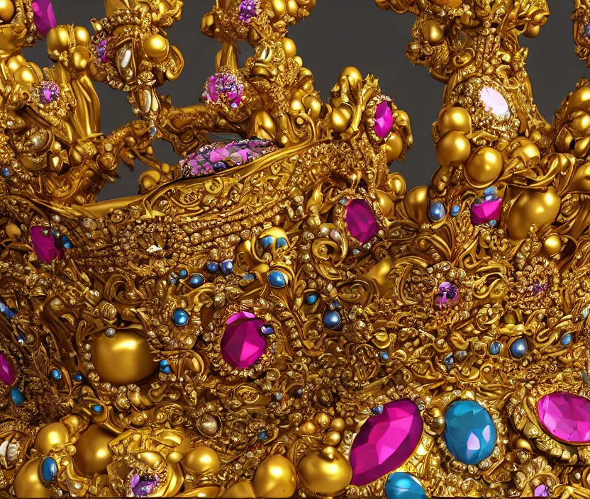 Prompt: Still life photo studio, golden crown adorned with multicolored gems, hyperdetailed, unreal engine, 8k