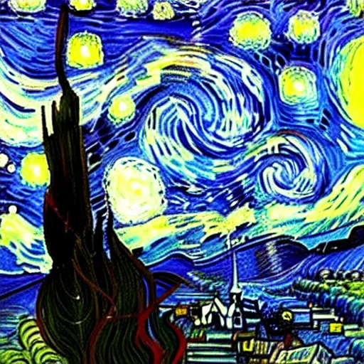 Image similar to a painting of a starry night over a martian cooling by vincent van gogh, featured on pixiv, futurism, sci - fi, post - impressionism, impressionism, painterly, detailed painting