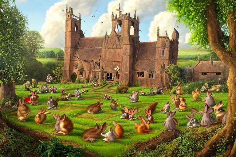 Image similar to an elaborate and dense painting of redwall abbey in mossflower wood with lots of mice and rabbits and otters walking around, detailed by brian jacques