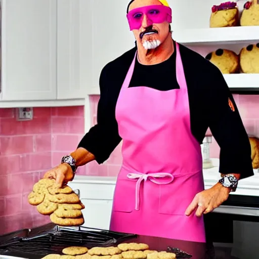 Image similar to Hulk Hogan baking cookies with a pink apron