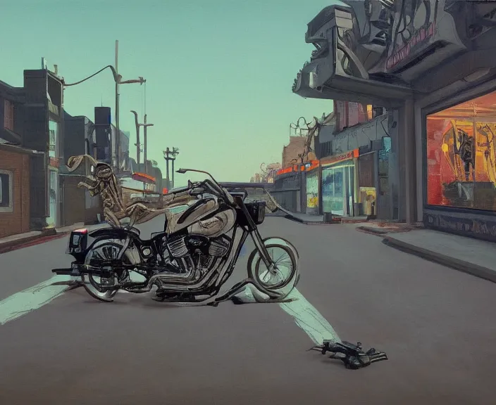 Image similar to a very detailed painting of a skeleton wearing a military jacket, riding a motorbike down a street, harley davidson motorbike, worm's - eye view, very fine brush strokes, very aesthetic, very futuristic, in the style of edward hopper and grant wood and syd mead, 4 k,