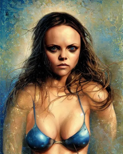 Prompt: christina ricci, gorgeous bikini model, fat obese, oil on aged tin, inked lines, beautiful blue eyes, blonde hair. by karol bak and alain aslan and charlie bowater.