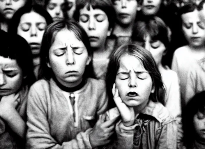 Image similar to high resolution black and white portrait with a 5 0 mm f / 1. 4 lens of russian children with their eyes closed in grief in 1 9 8 4.