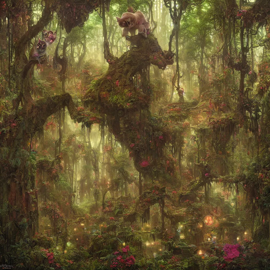 Image similar to a grinning trippy cat, center focused, matte painting, lush fairy forest, neon, concept art, schematics, gnarly details painted by tom bagshaw, norman rockwell, mucha, james gurney, high detail, denoised, sharp, architectural