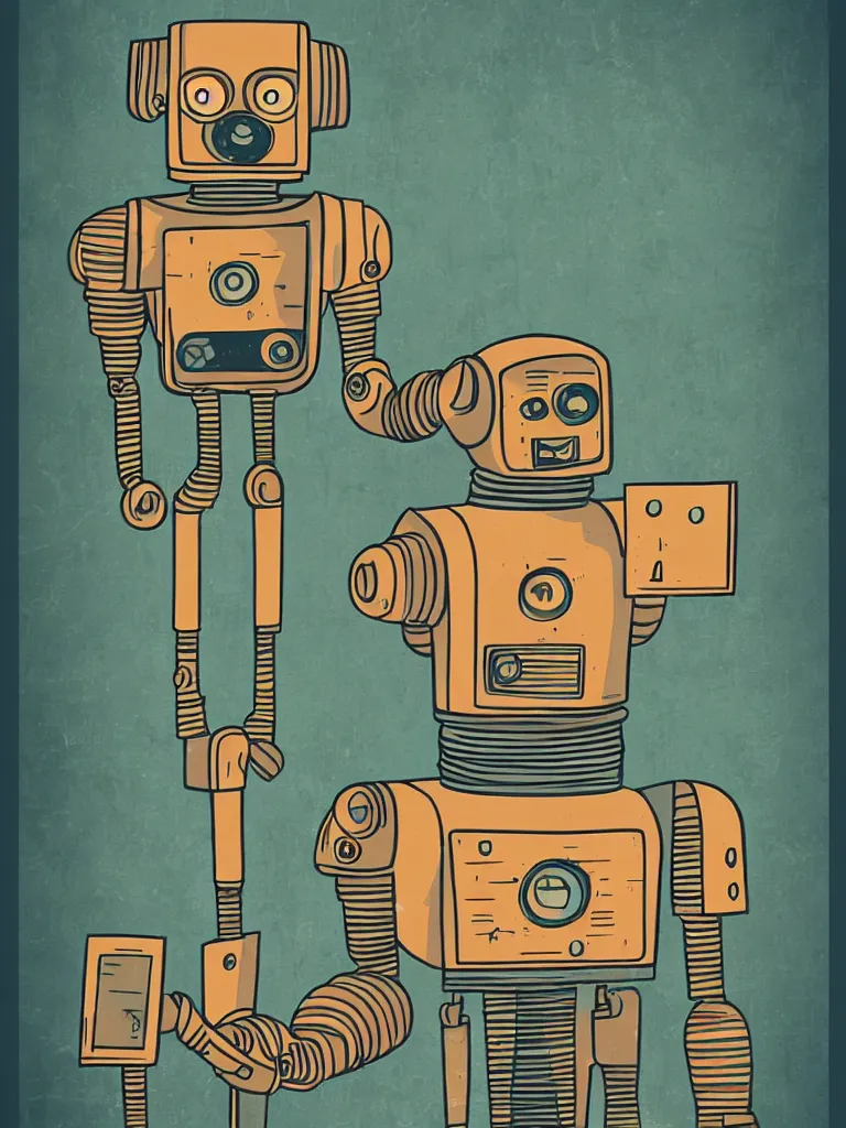 Image similar to tierra connor style poster illustration of a sad retro science fiction robot in a city neighbourhood, vintage muted colors, some grungy markings