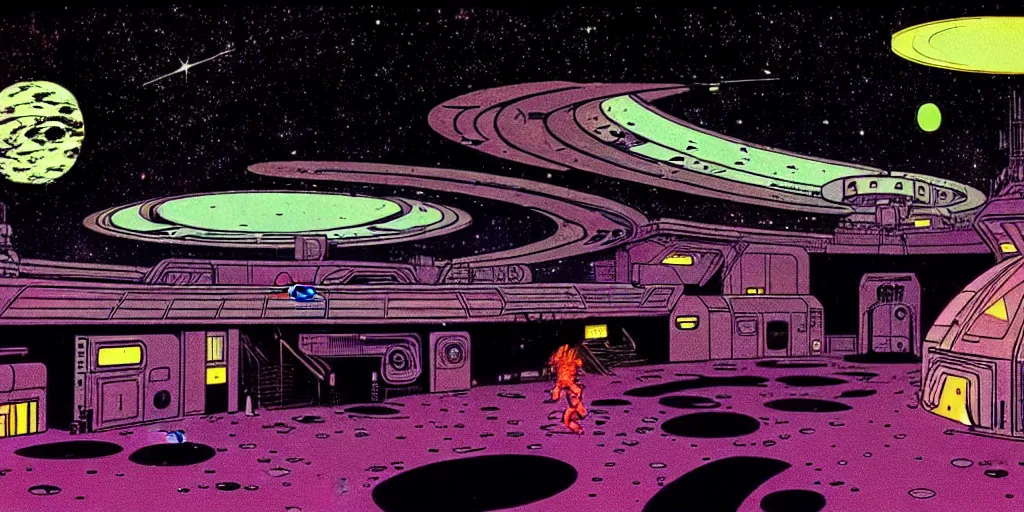 Image similar to interior shot of a space port at night, retro punk, ink by Frank Miller, cinematography by Jim Jarmusch, composition by Hale Woodruff, soundtrack by Aphex Twin, background by Moebius.