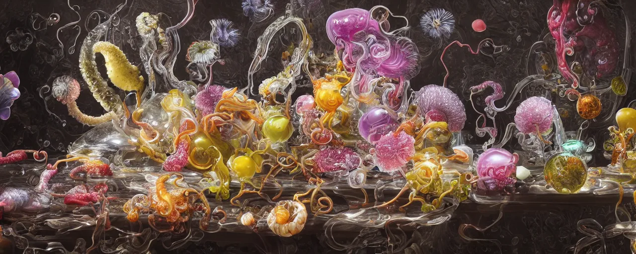 Prompt: ultradetailed photorealistic still life with jelly flowers by ernst haeckel, jan brueghel, james jean and murakami takashi, slime and tentacles, wide angle, minimalistic cinematic composition, octane render, bokeh, unreal engine, 4k, 3d render