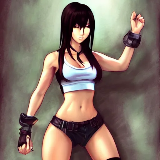 Image similar to high quality, full body shot of tifa lockhart in front of detailed background, trending on artstartion