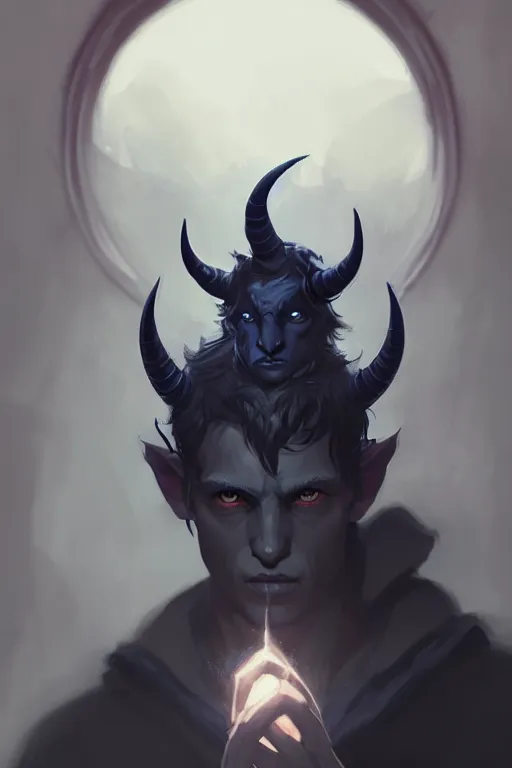 Image similar to portrait of a sad dark blue tiefling boy with horns and shaggy dark hair and pitch black hollow eyes, soft soft rounded face face face by Greg Rutkowski, concept art, sharp focus, illustration, intricate, highly detailed