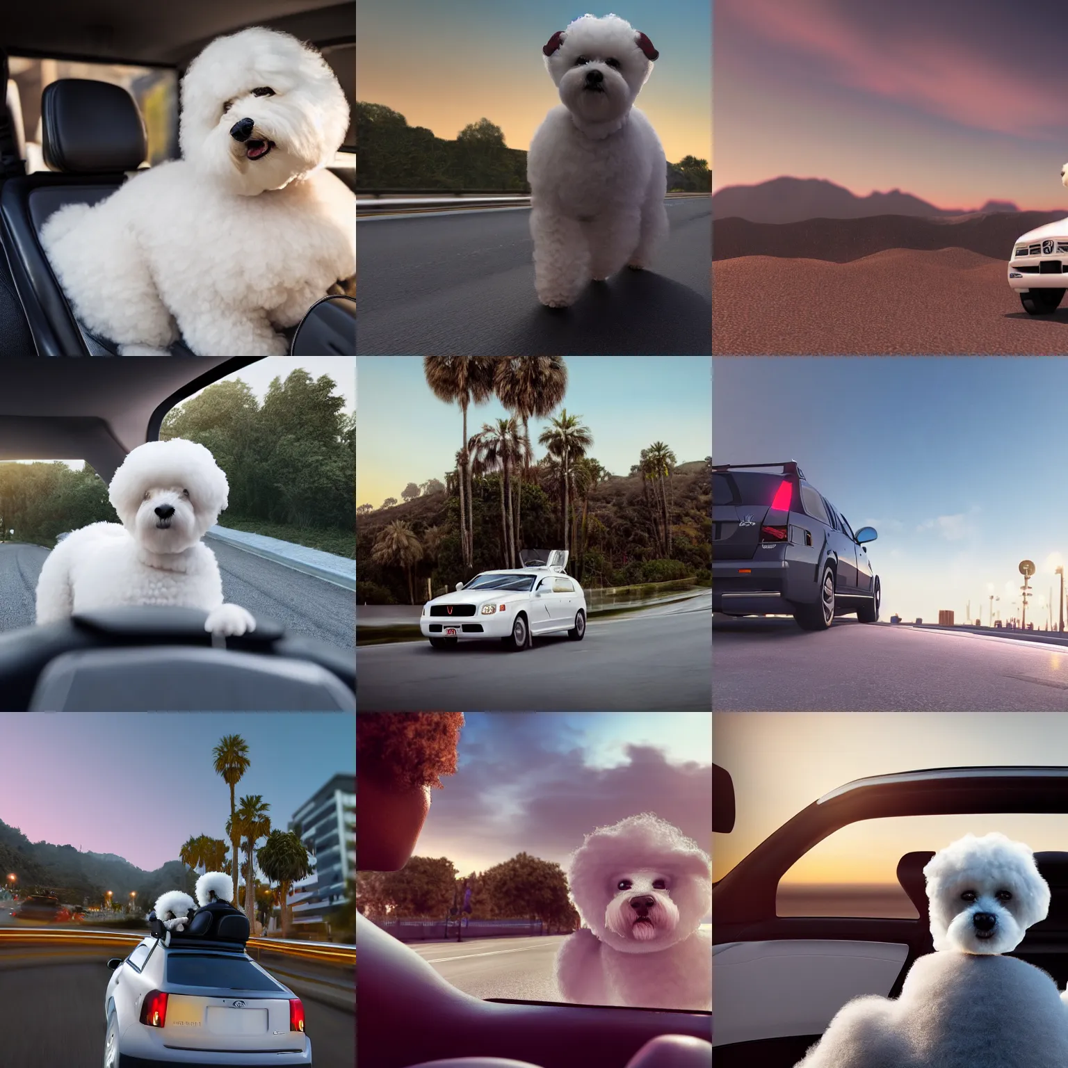 Prompt: a photorealistic image of bichon frise riding in the back on an uber in Hollywood, dusk. This 4K HD image is Trending on Artstation, featured on Behance, well-rendered, extra crisp, features intricate detail and the style of Unreal Engine.