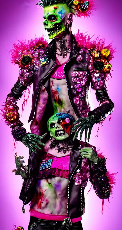 Prompt: action shot of a punk rock zombie with multicolored skin and pink crystal mohawk, red leather jacket, transparent anatomical model, covered in flowers and glitter, digital art, octane render, fantasy, cartoonish, cinematic lighting, photograph by pierre et gilles