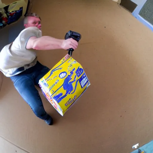 Image similar to Fisheye view of dinosaur stealing packages