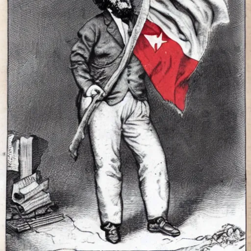 Prompt: Karl Marx burning a communist flag, realistic photo.