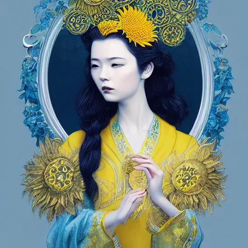 Prompt: taiwanese lady in white embroidered shirt, ukrainian national costume, filigree crown with blue and yellow textile embroidery sunflowers, intricate, elegant, digital painting, art nouveau, smooth, focus, rim light, charlie bowater, tom bagshaw, greg rutkowski