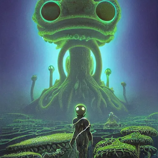 Image similar to highly detailed illustration of a nausicaa alien cephalopod in a world overgrown with fungus and spores, diffuse lighting, fog, stunning atmosphere, religious imagery, huge gargantuan black sun, muted colors, by roger dean, kilian eng. mœbius