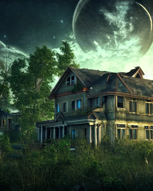 Image similar to a beautiful photorealistic render of single family detached house abandoned by albert bierstadt, reclaimed by nature retro nightsky gem liberty city atlantis architecture island apocalyptic nature cosmic sea, archdaily, wallpaper, highly detailed, trending on artstation.