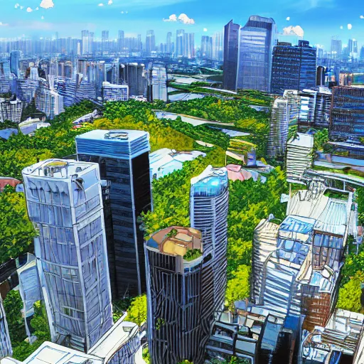 Image similar to Overlooking a modern city, summer sunny day, by Makoto Shinkai, super wide angle, high quality