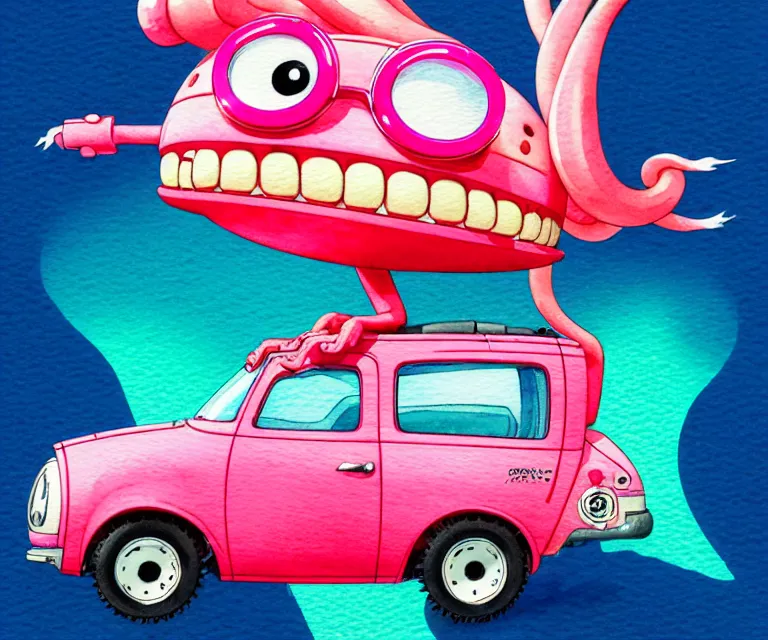 Image similar to cute and funny, pink colored squid wearing goggles riding in a tiny hot rod with oversized engine, ratfink style by ed roth, centered award winning watercolor pen illustration, isometric illustration by chihiro iwasaki, edited by range murata, tiny details by artgerm and watercolor girl, symmetrically isometrically centered