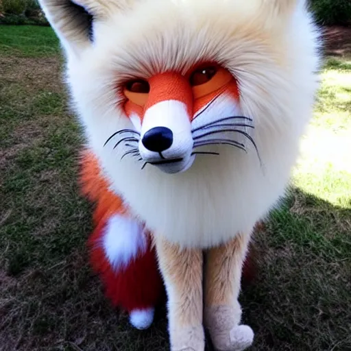 Image similar to extremely fluffy fox fursuit, cute, photo