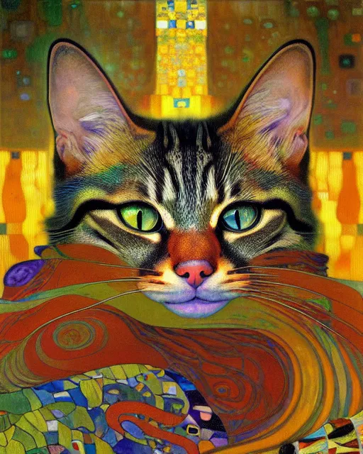 Image similar to wild forest cat portrait an oil painting splashes with many colors and shapes by gustav klimt greg rutkowski and alphonse mucha, polycount, generative art, psychedelic, fractalism, glitch art