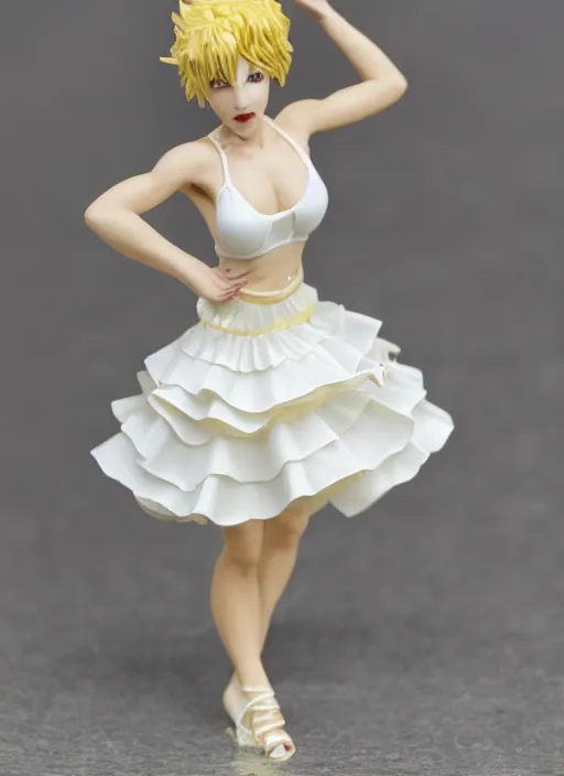 Prompt: Product Introduction Photos, 4K, Full body, 80mm resin detailed miniature of a muscular lady in White and short lacy ruffled skirt, Blonde hair