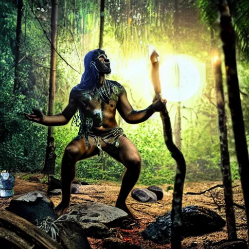 Image similar to spartan doing ayahuasca ritual at camp fire, jungle background, full moon with stars, hyper realistic award winning photographic portrait, dramatic cinematic lighting