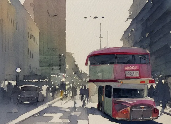 Image similar to concept art of a urban bus, pinterest, artstation trending, behance, watercolor, by coby whitmore, silver, laser light,