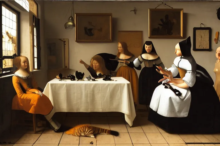 Image similar to bunch of catgirls, dlsr photography, 8 k, hyperrealism, professional studio shot, cinematic, anatomically correct, single source of light 4 5 degrees, vanitas, memento more artstyles, by pieter claesz, willem heda, jan vermeer, stunning details, ideal composition, divine proportion, intricate, fine arts journal cover
