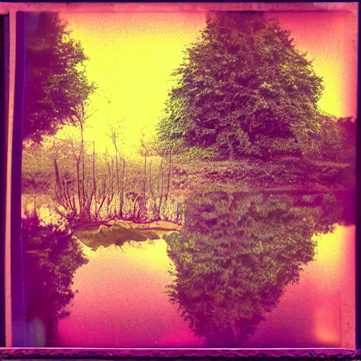 Image similar to polaroid of a dream reflection, double exposure, high contrast, colour splash