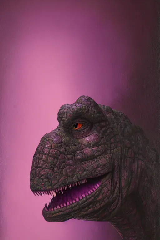 Prompt: barney the dinosaur in a dim purple lit room, melancholy, smoky, oil on canvas, intricate, portrait, 8 k highly professionally detailed, hdr, cgsociety