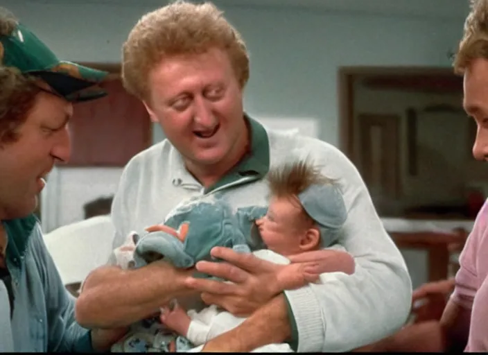 Image similar to film still of Larry Bird holding a baby in the new Three Men and a Baby movie, 8k