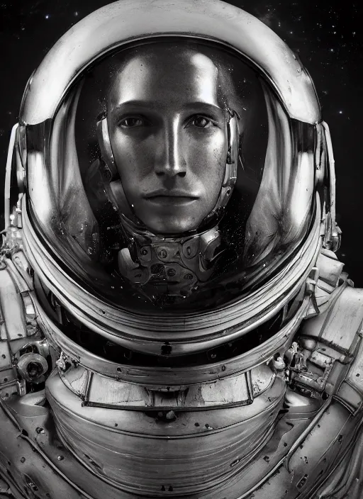 Prompt: old wetplate daguerreotype portrait of a futuristic silver armored space astronaut cyborg, fractal, intricate, elegant, highly detailed, parallax, leica, medium format, subsurface scattering, by jheronimus bosch and greg rutkowski and louis jacques mande daguerre