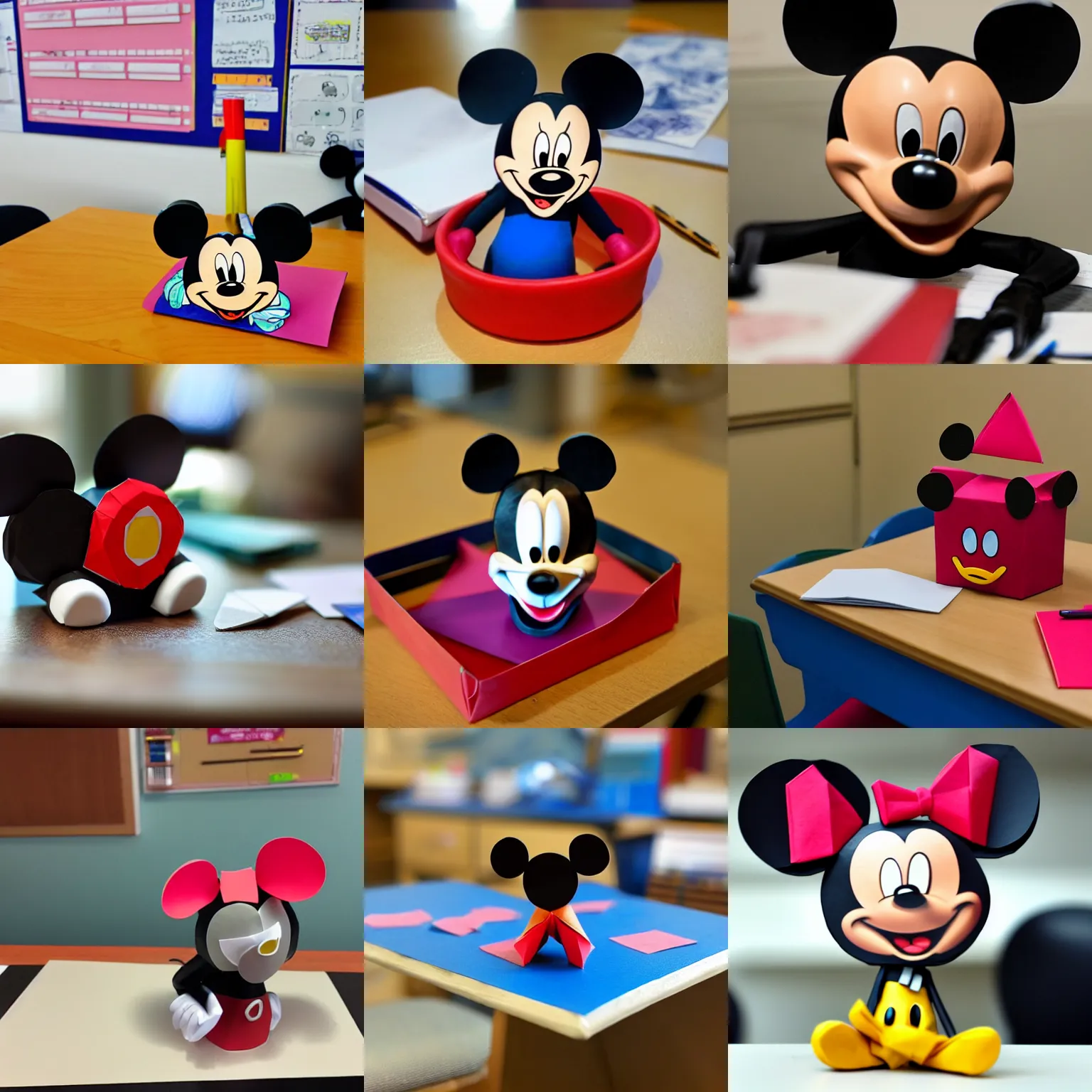 Prompt: Mickey Mouse Origami in a student desk