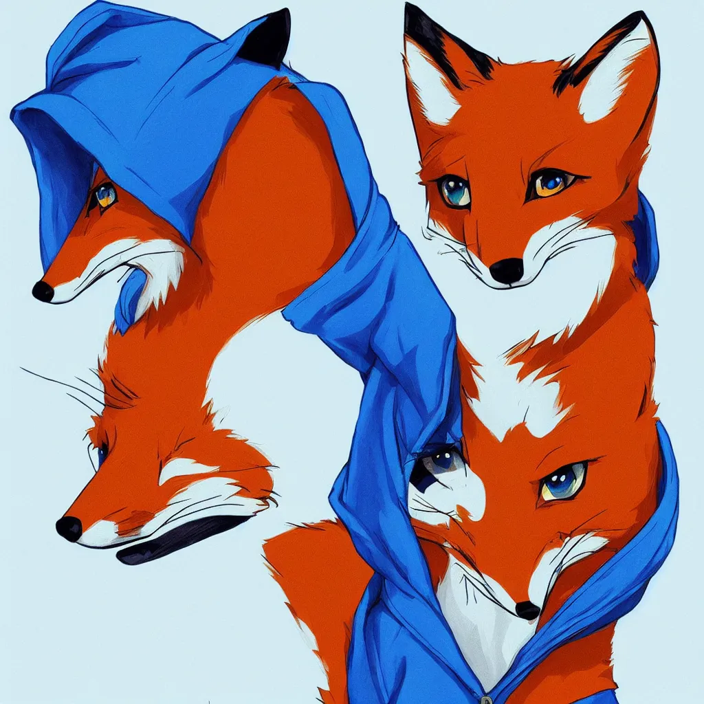 Prompt: a fox in a blue hoodie typing in a notebook, white background, concept art, anime style, digital art picture, highly detailed, artstation, detailed, award winning, colorful