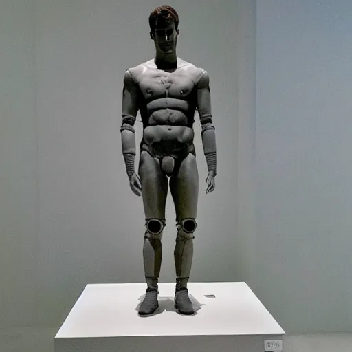 Image similar to “ a realistic detailed photo of a guy who is an attractive humanoid who is half robot and half humanoid, who is a male android, actor liam hemsworth, shiny skin, posing like a statue, blank stare, at the museum, on display ”