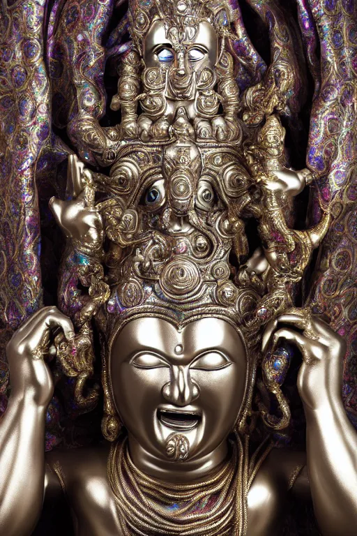 Prompt: chrome carved statue of brahma god three faces, metallic sculpture, dressed with a colorful wrapped silk cloak, made by antonio corradini, and dug stanat macabre art, dark surrealism, epic and cinematic view, volummetric light, texturized, detailed, 8 k