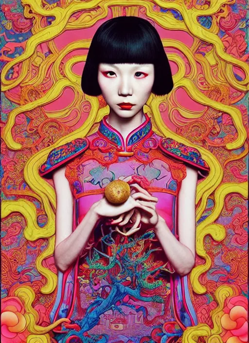 Image similar to pretty chinese model with hallucination mushroom : : by martine johanna and simon stalenhag and chie yoshii and casey weldon and wlop : : ornate, dynamic, particulate, rich colors, intricate, elegant, highly detailed, vogue, harper's bazaar art, fashion magazine, smooth, sharp focus,