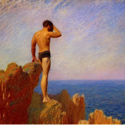 Image similar to an attractive male standing on a cliff, looking out at a red ocean, by gaston bussiere, craig mullins, j. c. leyendecker, claude monet