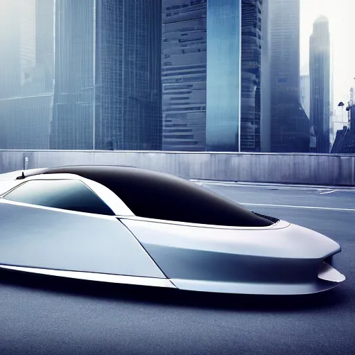 Image similar to car and driver photo, a sleek futuristic powerful shiny metalic hovercar modeled after a 1 9 7 0's dodge charger with giant intake valves, flying at high speed through a futuristic brutalist detroit cityscape, stark, moody, ray - traced lighting and reflections, atmospheric fog, light beams